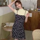 Spaghetti Strap Lettuce Edge Daisy Print Mini Dress / Short-sleeve Mock-neck Cropped T-shirt