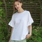 Roundneck Frill-sleeve Cotton Top