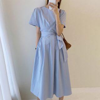 Short-sleeve Tie-waist Pleated Midi A-line Dress