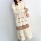 Long-sleeve Striped Accordion Pleat Midi Dress