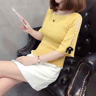 Bow Accent Cut Out Short-sleeve Knit Top