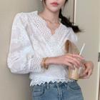 Long-sleeve Floral Eyelet Lace Wrap Blouse White - One Size