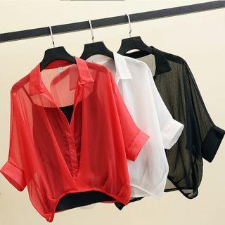 Set: Dolman-sleeve Plain Blouse + Camisole Top