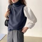Round-neck Plain Puff Sleeve Blouse / Turtleneck Knit Vest