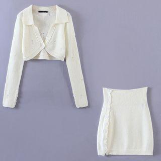 Long-sleeve Ripped Knit Jacket / Knit Skirt