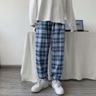 Drawstring-cuff Plaid Cropped Straight Leg Pants