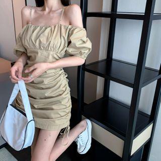 Off-shoulder Drawstring Ruched Mini Dress As Shown In Figure - One Size