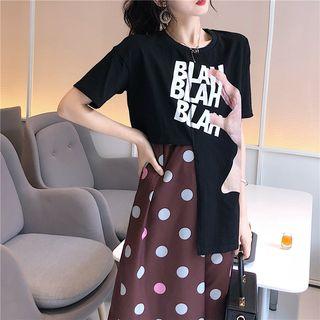 Printed Asymmetric Short-sleeve T-shirt / V-neck Dotted Midi Spaghetti Strap Dress