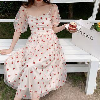Mesh Balloon-sleeve Midi Dress
