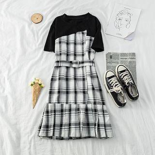 Mock Two-piece Ruffled Check Dress As Shown In Figure - One Size