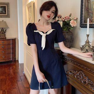 Short-sleeve Contrast-tie A-line Mini Dress