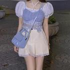Short-sleeve Blouse / Spaghetti Strap Lace Top / Mini A-line Skirt / Set