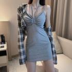 Plaid Shirt / Drawstring Halter Dress