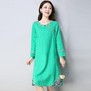 Embroidered Long-sleeve A-line Dress Green - One Size