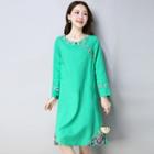 Embroidered Long-sleeve A-line Dress Green - One Size