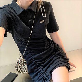 Short-sleeve Drawstring Polo Mini Dress Black - One Size