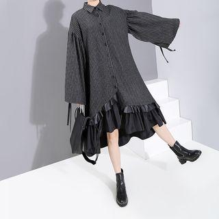 Bell-sleeve Midi Striped Shirtdress Black - One Size