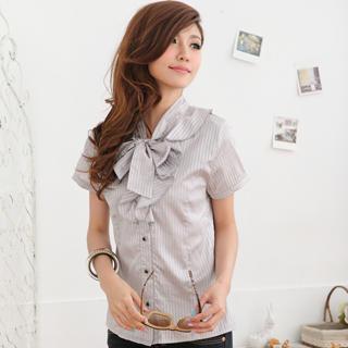 Tie-collar Striped Blouse