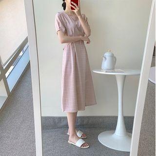 Plaid Square-neck Tie-waist Midi A-line Dress