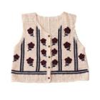 Floral Embroidered Crochet Button-up Cropped Vest