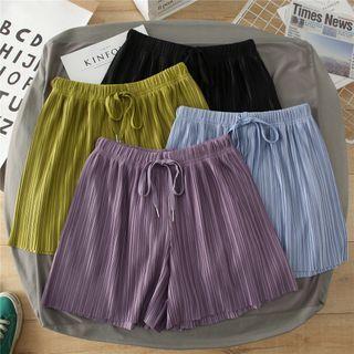 Plain Drawstring-waist Accordion Pleated Wide-leg Shorts