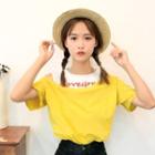 Mock Two Piece Letter Embroidered Cut Out Shoulder Short Sleeve T-shirt