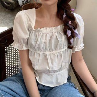 Puff-sleeve Square-neck Ruffle Trim Cropped Blouse