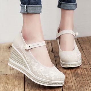 Embroidered Wedge-heel Frog-button Mary Jane Shoes
