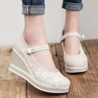 Embroidered Wedge-heel Frog-button Mary Jane Shoes