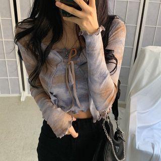 Set: Spaghetti Strap Tie-dye Top + Front Knot Light Jacket Set - As Shown In Figure - One Size