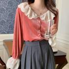 Long-sleeve Lace Trim Velvet Blouse Rosy Brown - One Size