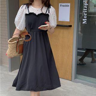 Mock Two-piece Midi A-line Dress Black & White - One Size