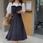 Mock Two-piece Midi A-line Dress Black & White - One Size