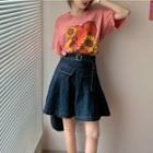 Flower Print Short-sleeve T-shirt / Denim Mini A-line Skirt