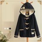 Cat Embroidered Toggle Hooded Jacket Dark Blue - One Size