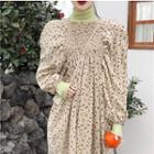 Plain Turtle-neck Long-sleeve Top / Floral Loose-fit Dress
