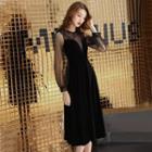 Mesh Panel Long-sleeve A-line Velvet Cocktail Dress
