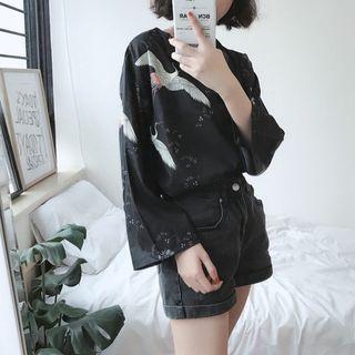 Crane Print Loose-fit Blouse As Figure - One Size