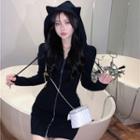 Long-sleeve Hood Zip Sheath Dress Black - One Size