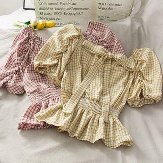 Boatneck Smocked-waist Checker Crop Blouse