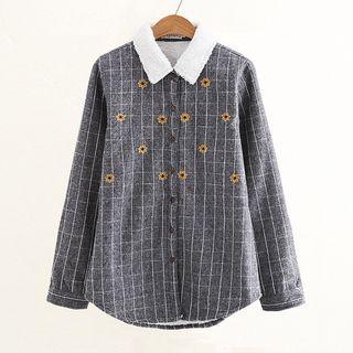 Flower Embroidered Plaid Shirt