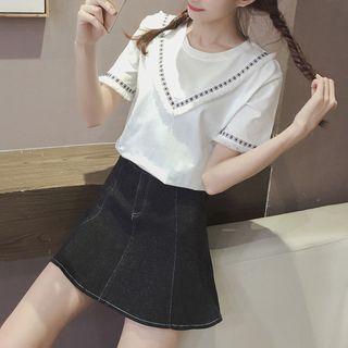 Set: Short-sleeve T-shirt + A-line Denim Skirt