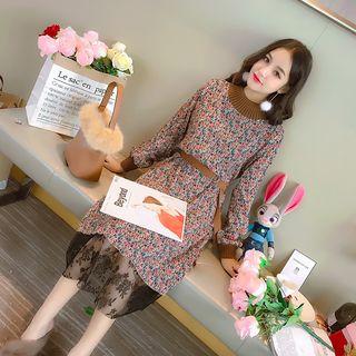Floral Sweatshirt Lace Panel Midi Dress