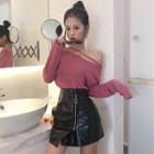 Off-shoulder Long-sleeve Top / Zip-up Faux-leather A-line Skirt