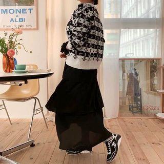 Band-waist Ruffle-layered Long Skirt