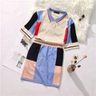 Set: Elbow-sleeve Color Block Knit Polo Shirt + Pencil Skirt Top - Multicolour - One Size / Skirt - Multicolour - One Size