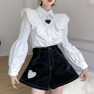 Long-sleeve Wood Ear Trim Shirt With Heart Chain