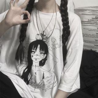 3/4 Sleeve Round Neck Cartoon Print T-shirt