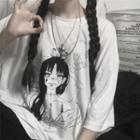 3/4 Sleeve Round Neck Cartoon Print T-shirt