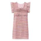 Square-neck Bow Accent Wood Ear Trim Plaid Dress